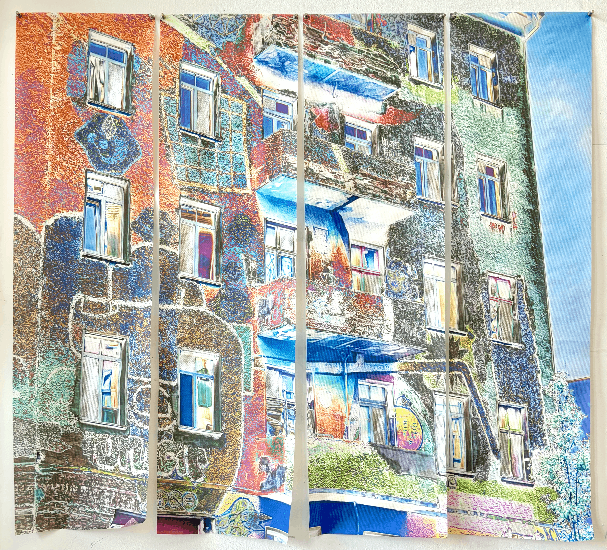 Planal Association, 2026. Oil pastel and acrylic on printed paper towel