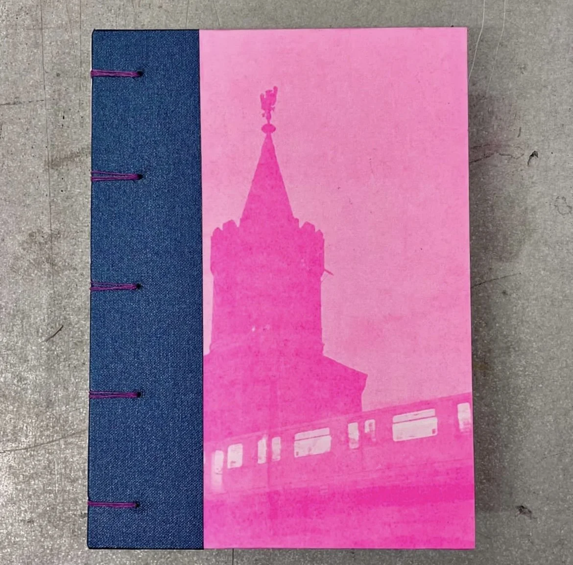 Coptic stitch, quarter-leather bound sketchbook with RISO printed cover, 2025.