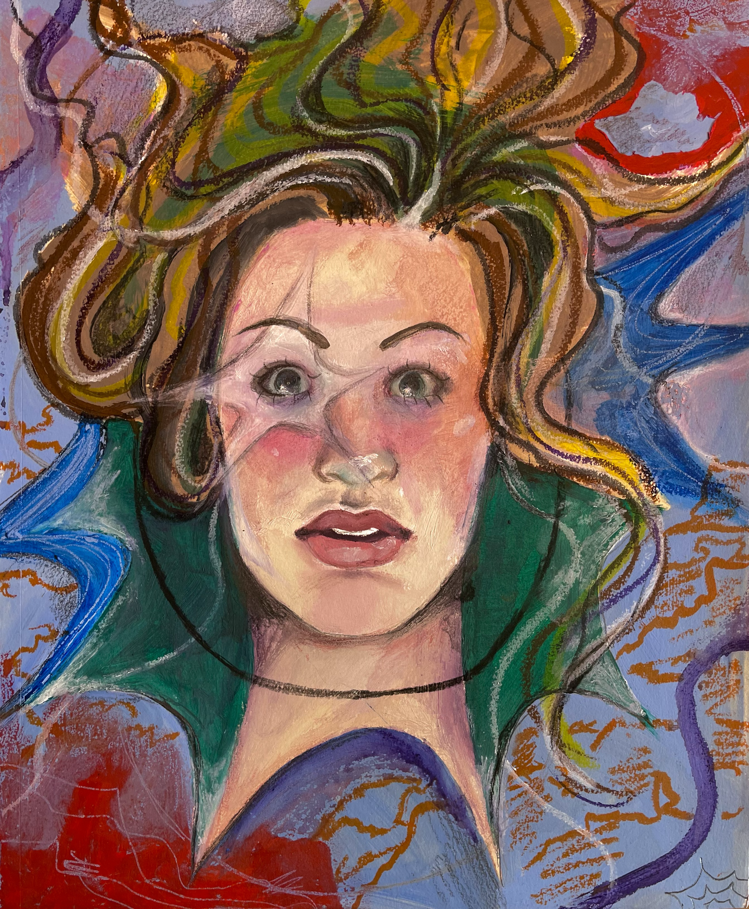 Life is a Circular Beast, 2024. Oil paint and oil pastel on paper