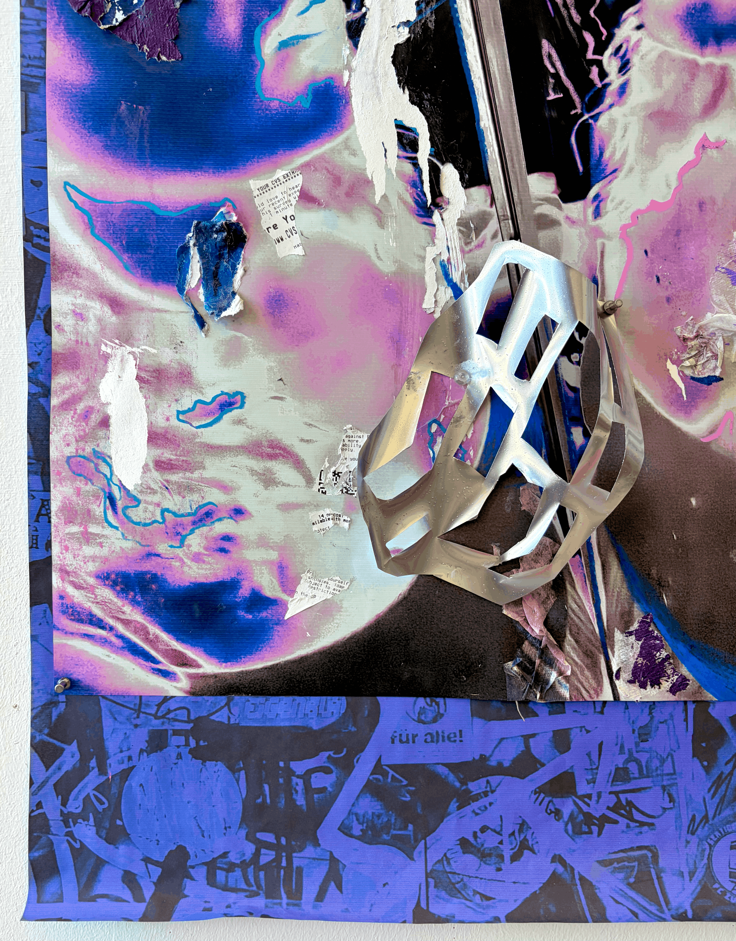 First, Consult the Mirror, 2025. Oil pastel, acrylic paint, collage and spray painted yup on printed paper affixed to printed vellum