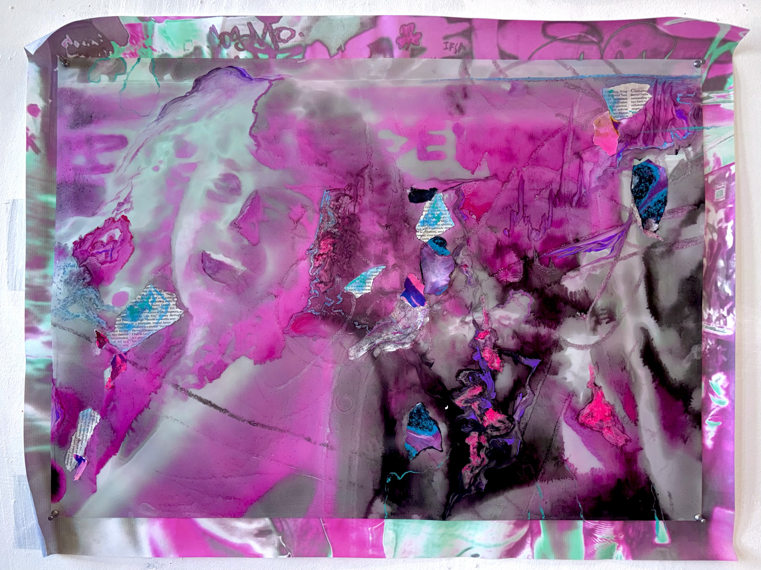 A scene you forgot, 2026. Oil pastel, acrylic paint, and collage on printed yupo paper affixed to printed vellum