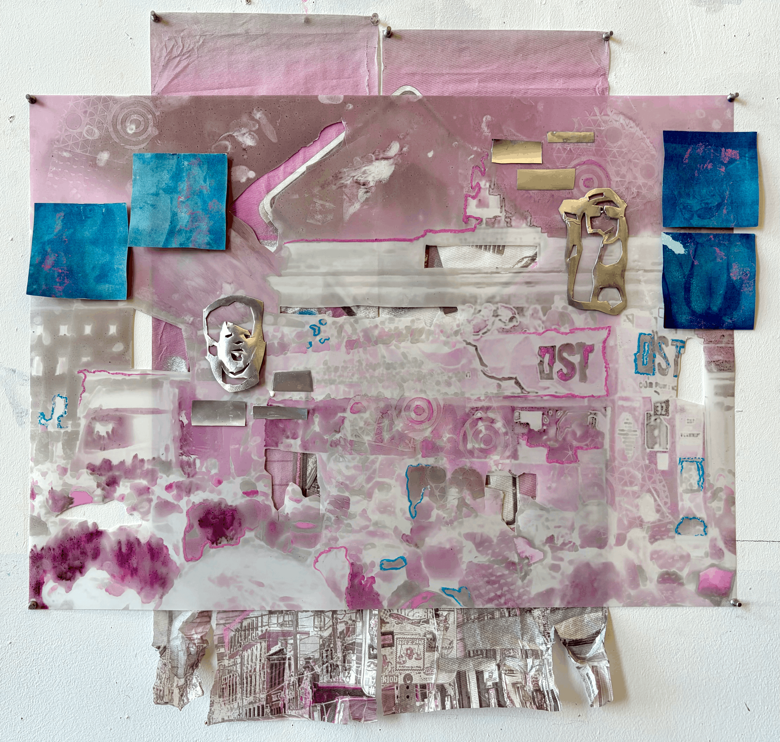 Entrapment, 2026. Spray paint, oil pastel, acrylic paint and cyanotype on paper affixed to printed yupo paper affixed to printed paper towel