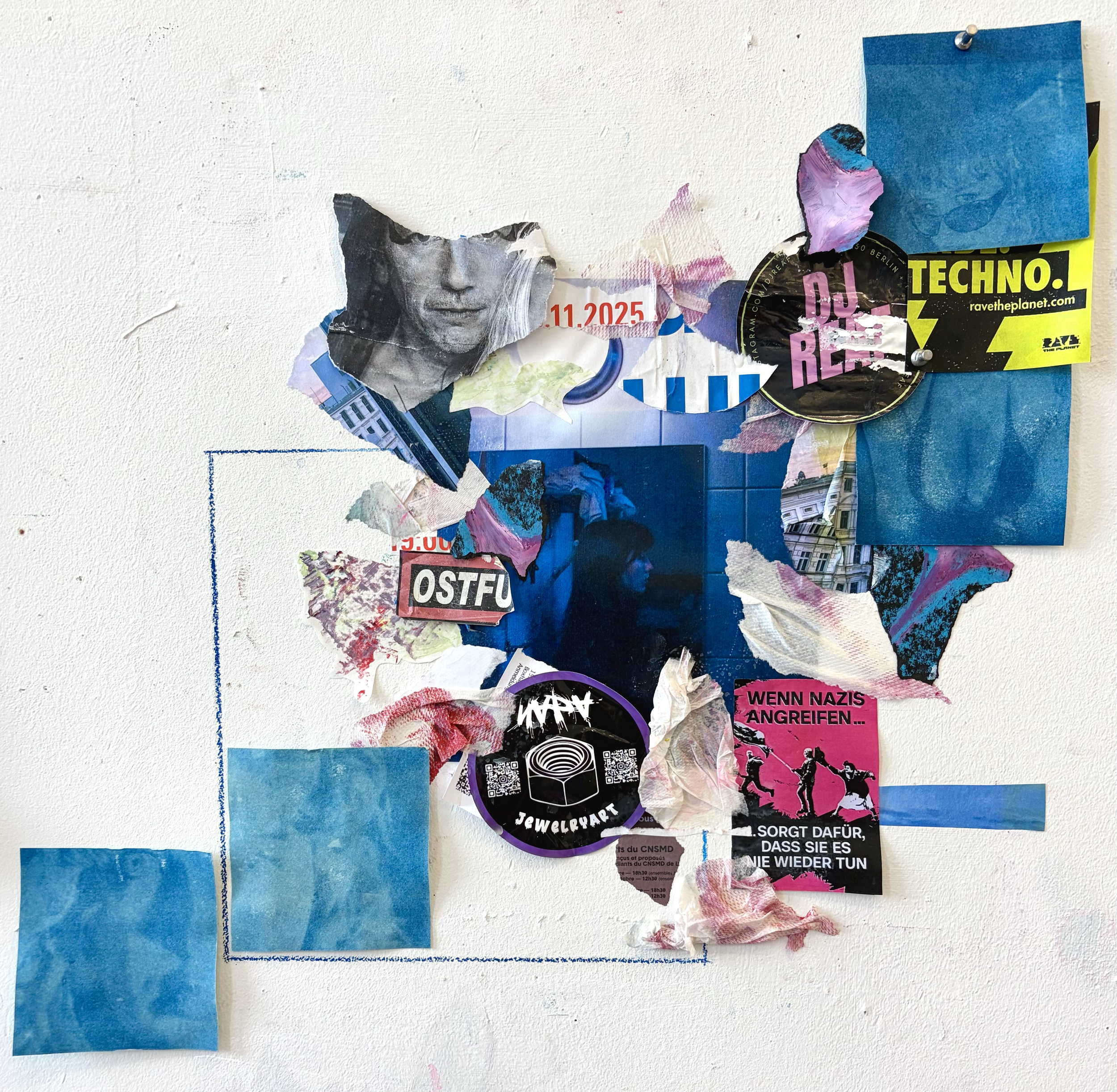 Somewhere Someone I Was, 2026. Xerox prints, cyanotype, found posters and stickers, and colored pencil