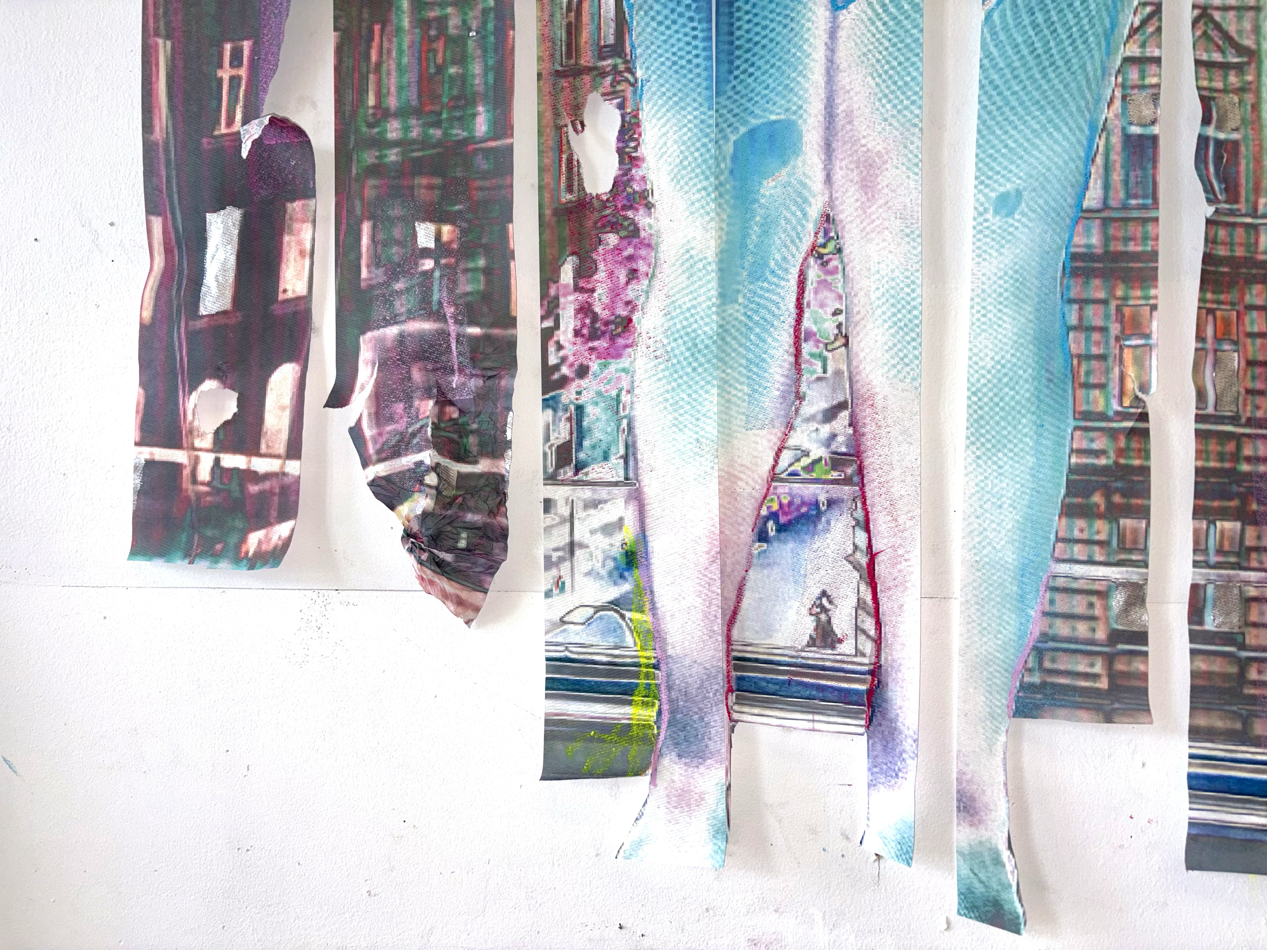 Lover (In the Background), 2026. Oil pastel and acrylic paint on printed paper towel affixed to plastic rods