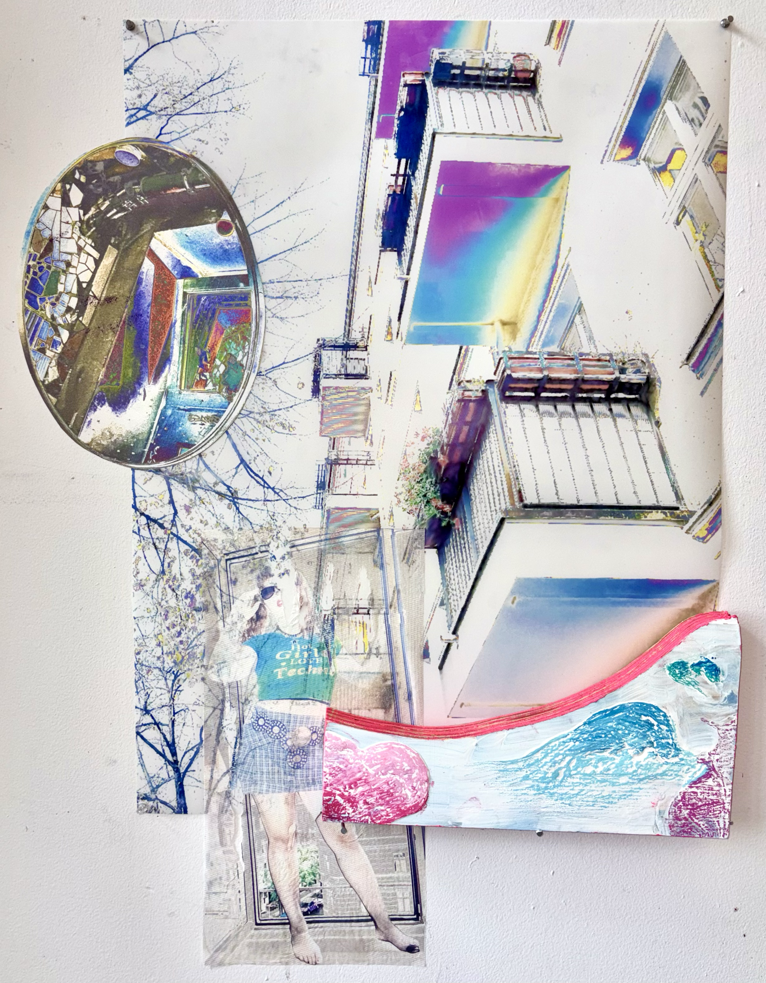 There Are Portals, 2026. Printed paper towel, canvas, yupo paper and painted wood