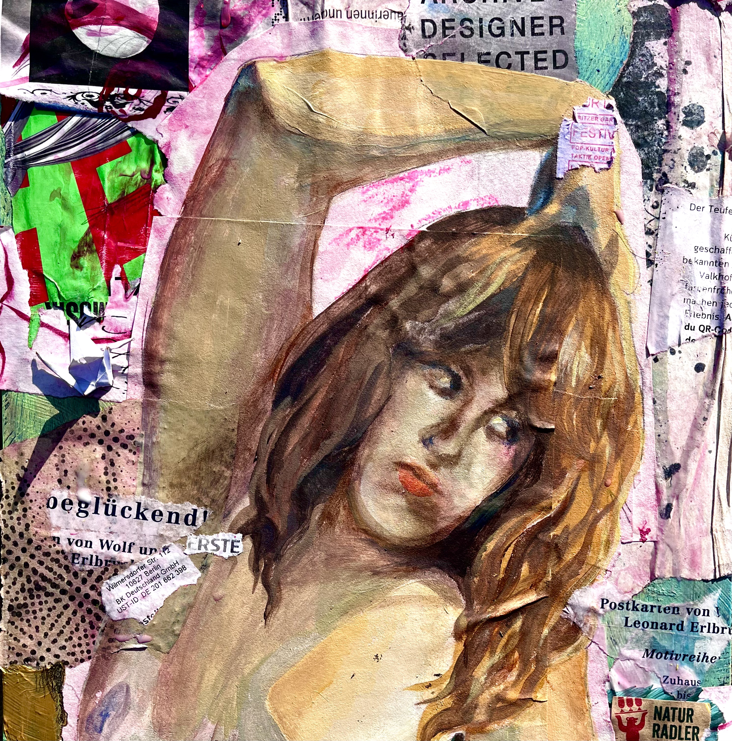 A collage featuring a painted portrait of a woman with long, wavy brown hair and a contemplative expression, surrounded by torn and layered paper with various texts and colors.