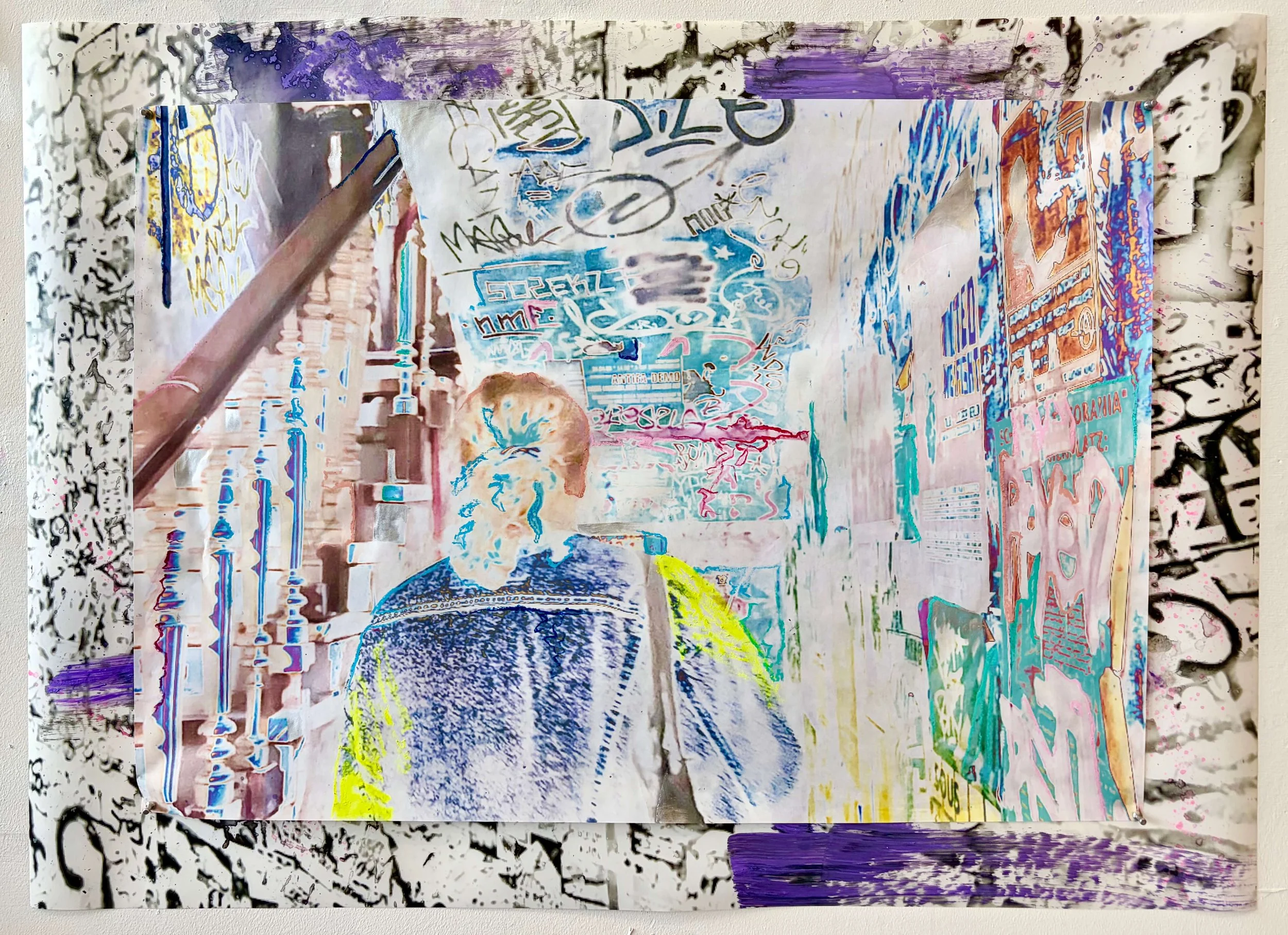 Exoskeleton, 2026. Oil pastel on printed vellum affixed to printed yupo