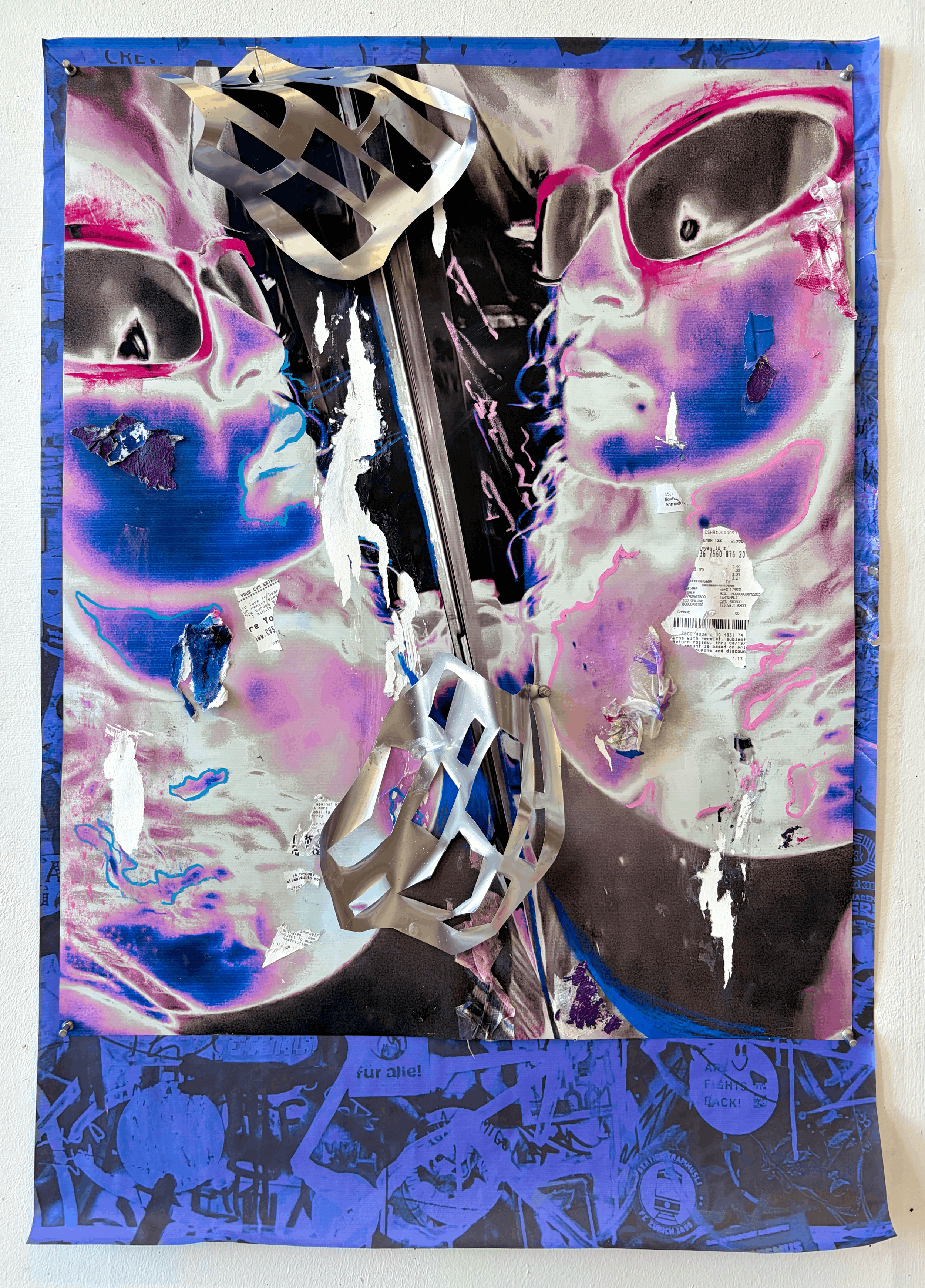 First, Consult the Mirror, 2025. Oil pastel, acrylic paint, collage and spray painted yup on printed paper affixed to printed vellum