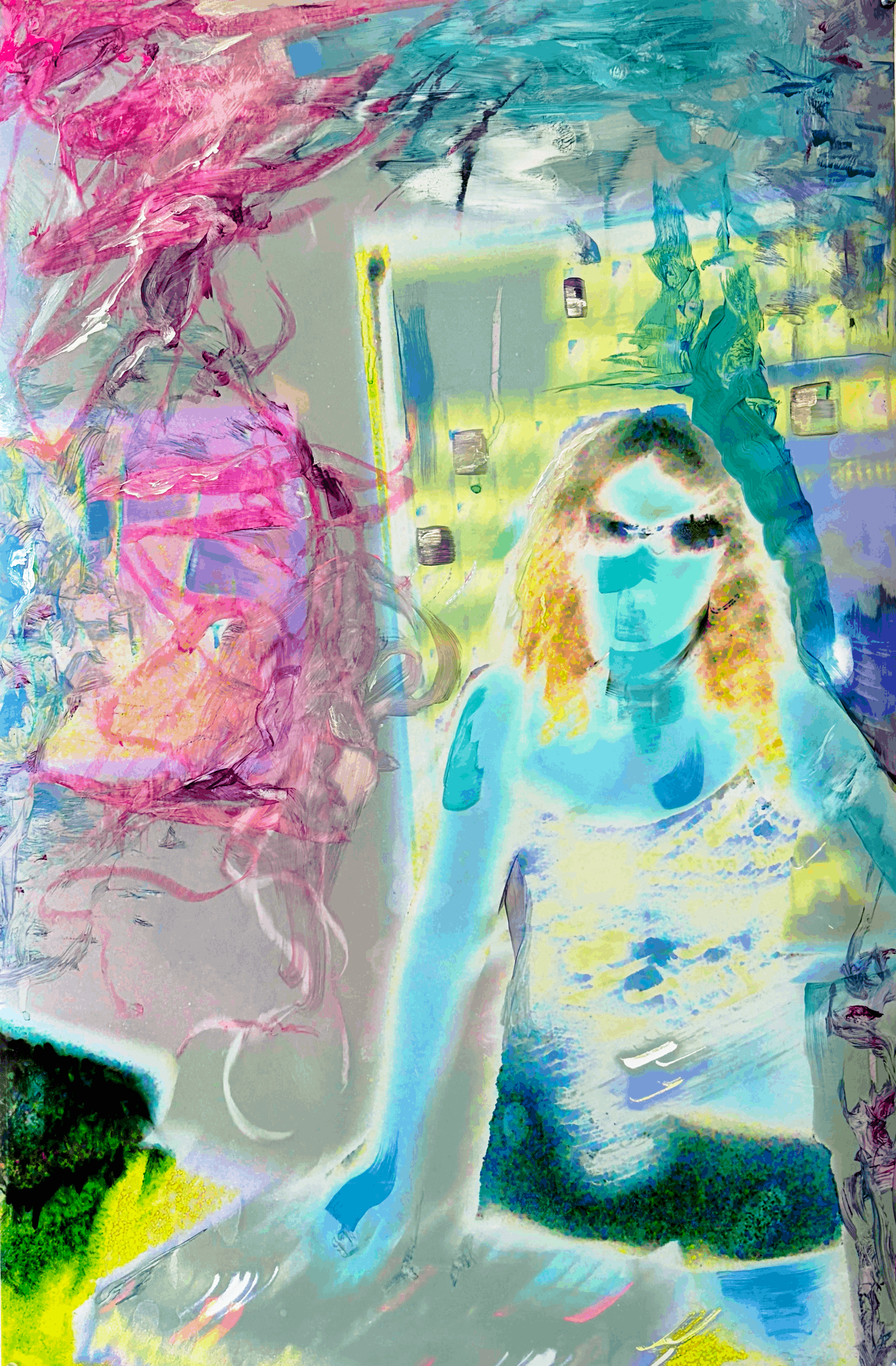 She Who Performs, 2026. Oil pastel and acrylic paint on printed yupo paper