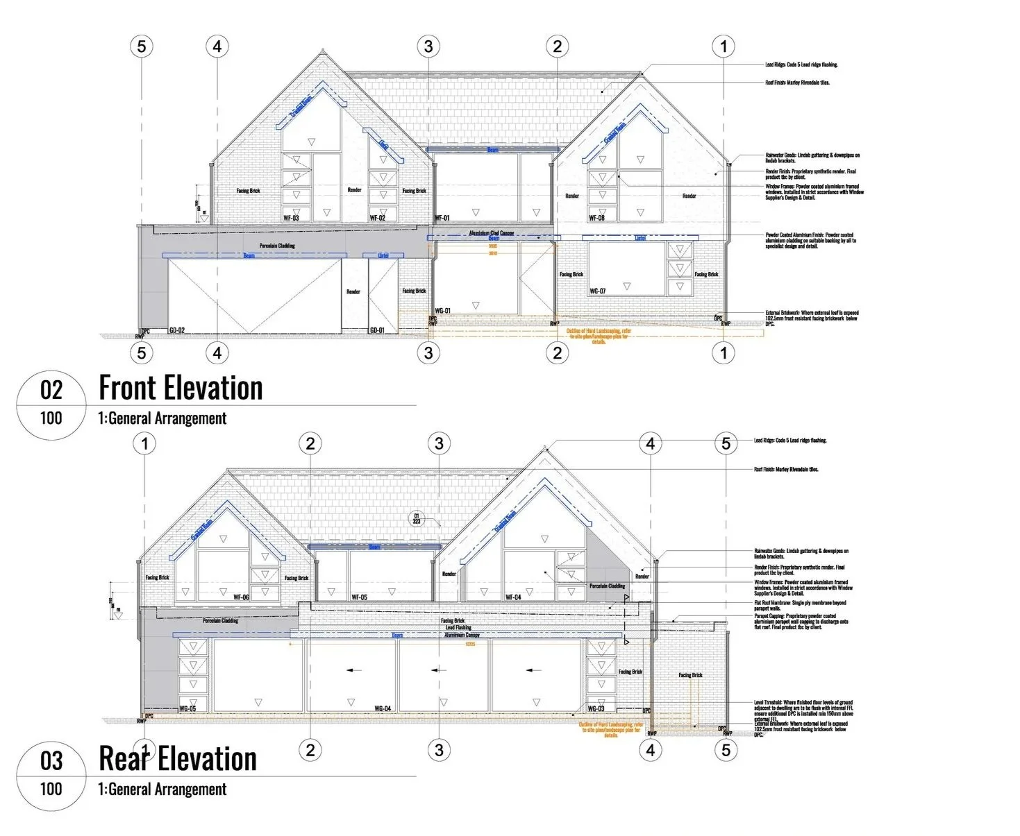 Architectural technical building regulations drawing showing front and rear elevations of a residential house, with labelled roofing, wall construction, and material details, prepared by Tony Holt Design, a CIAT-registered architectural practice.
