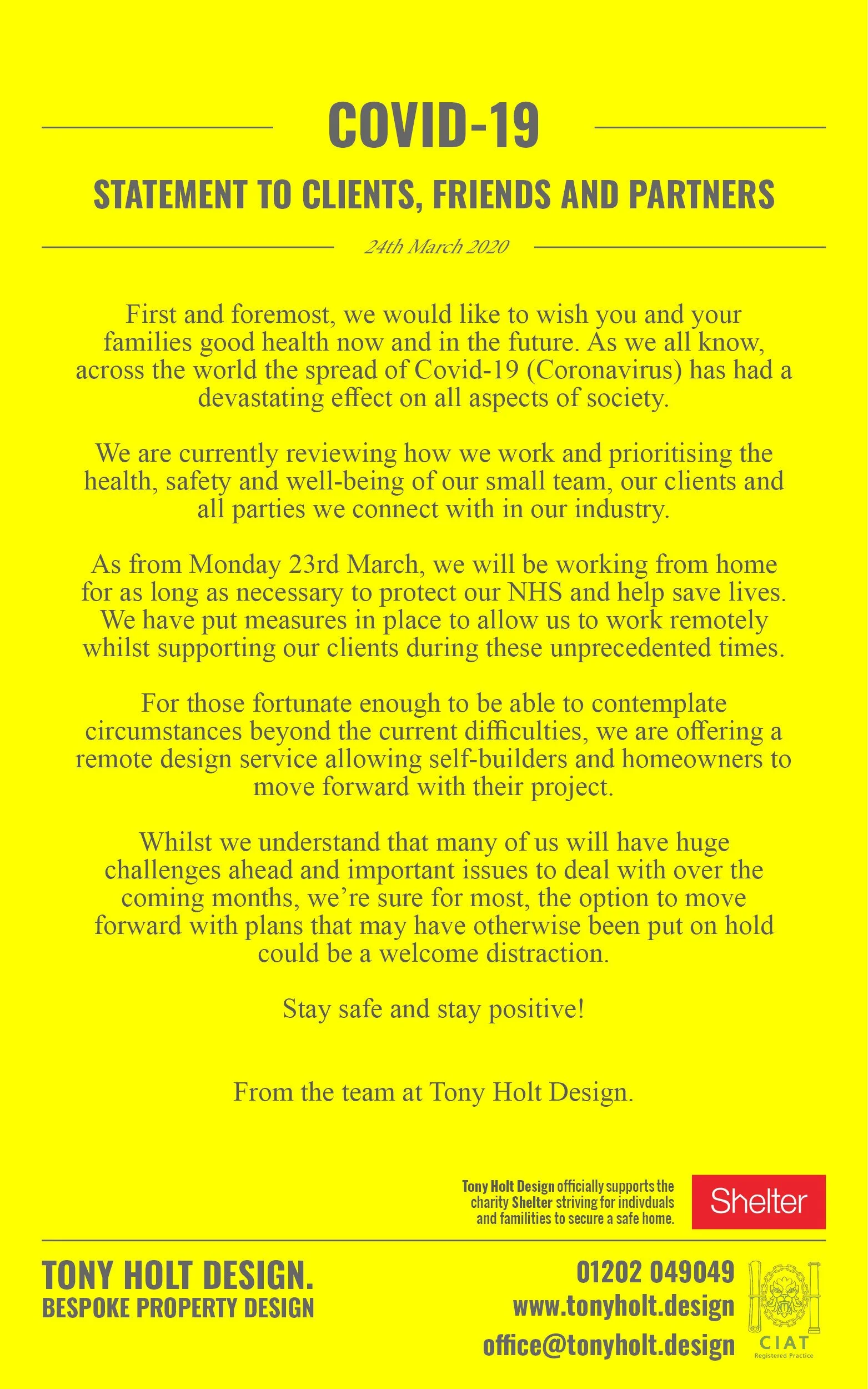 TONY HOLT DESIGN : COVID-19 STATEMENT
