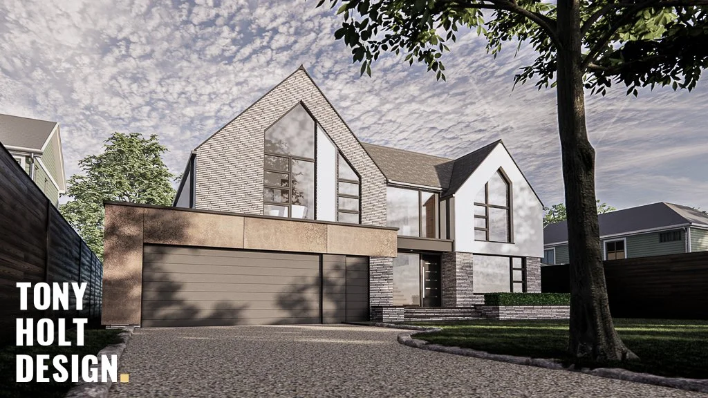 Modern two-storey house with large glass windows, integrated garage, and landscaped front garden with trees and steps leading to the entrance, designed by Tony Holt Design, a CIAT-registered architectural practice.