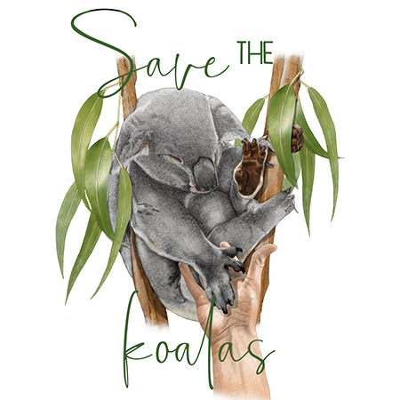 A graphic illustration of a koala sleeping in a tree with leaves, with a hand holding the branch. The text says "Save the Koalas" in green stylized font.