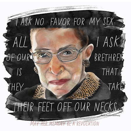 Watercolor portrait of Ruth Bader Ginsburg with handwritten quote and message about her memory.