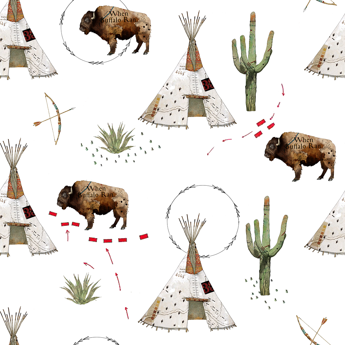 Pattern featuring illustrations of tipi tents, cacti, buffalo with the phrase 'When Buffalo Ran', arrows, and circular wreaths with a southwestern or Native American theme.