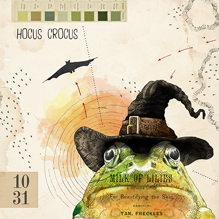 Illustration of a frog wearing a witch's hat, with a vintage-style background featuring text, patterns, and scientific diagrams related to frogs and magic.