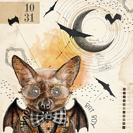 Illustration of a bat dressed as a boy, wearing glasses, a bow tie, and a jacket, with a Halloween theme including bats and a full moon in the background.