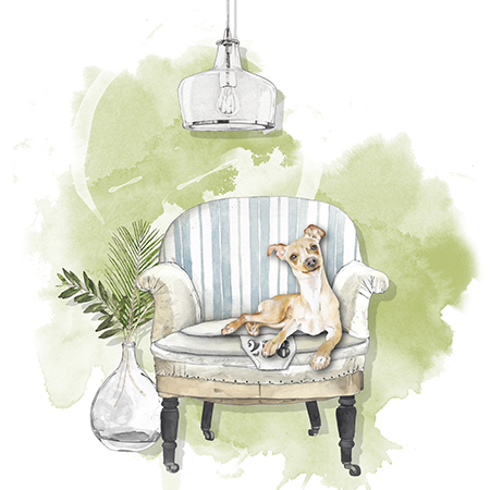 Illustration of a small dog sitting on a striped armchair in a room with a hanging light fixture and a vase with green leaves.