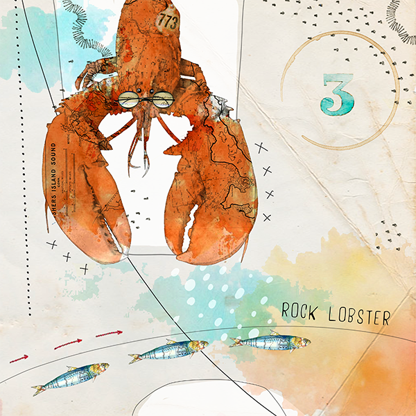 Illustration of a rock lobster with glasses and a numbered tag on its head, alongside small fish and abstract watercolor background.