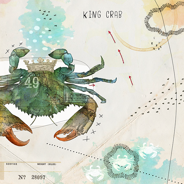 Illustration of a king crab with annotations, including the label 'KING CRAB' and the number 49, surrounded by abstract design elements and directional arrows.