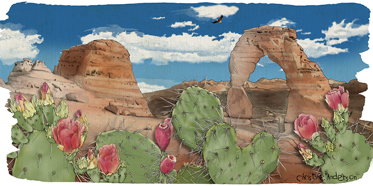 Desert landscape with large rock formations and natural arch, surrounded by prickly pear cacti with pink flowers, under a partly cloudy sky.