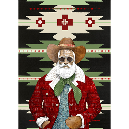 A man in a cowboy hat, sunglasses, and a Christmas-themed outfit stands in front of a patterned textile background. He has a white beard and appears to be dressed as Santa Claus with a cowboy twist.