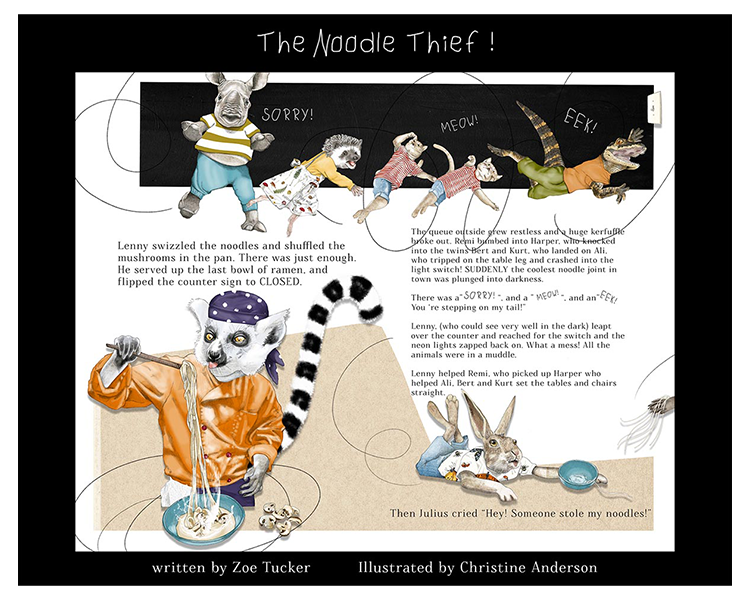 Illustration of a story titled 'The Noodle Thief' with anthropomorphic animals, including a dog, rabbit, and others. The animals are involved in a playful scene about stolen noodles.