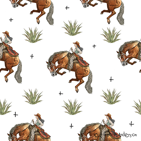 Pattern with cowgirls riding horses, desert plants, and plus symbols