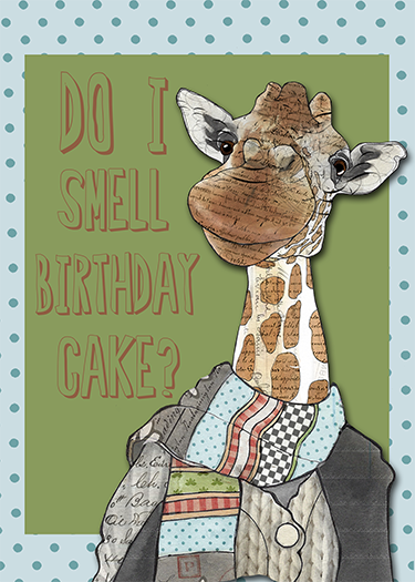 A cartoon giraffe wearing a patchwork shirt and a blazer, with a humorous expression, against a green background with polka dots and text that reads, 'Do I smell birthday cake?'