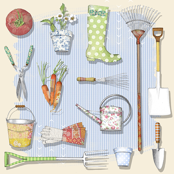 Collection of gardening tools and supplies including a tomato, potted flowers, a green polka dot , a garden rake, a shovel, a small garden fork, carrots, gardening gloves, a watering can with a floral pattern, a gardening bucket, a hand trowel, a polka dot cup, and a garden fork all arranged on a blue-striped cloth.