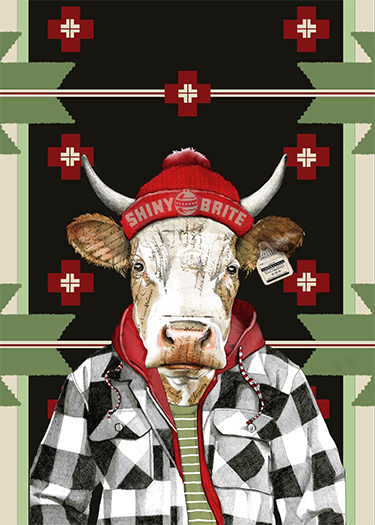 A cow dressed in a black and white checkered jacket, wearing a red headband that says 'Shiny Brite' and a red hoodie, with a decorated Christmas-themed background.