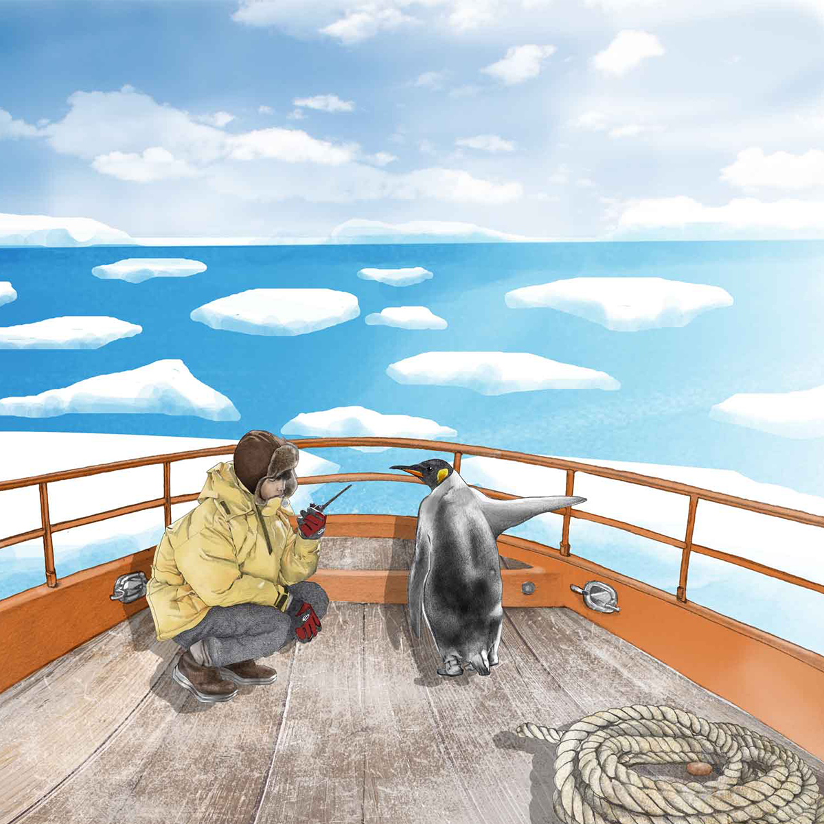 A person in a yellow jacket and gray pants kneels on the deck of a ship, speaking into a device, as a penguin stands nearby. The scene is set on an icy body of water with floating icebergs and a bright blue sky with scattered clouds.