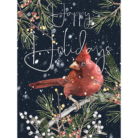 A holiday card with a red cardinal perched on a pine branch, surrounded by pine needles, berries, and snow, with the text "Happy Holidays" written in white cursive.