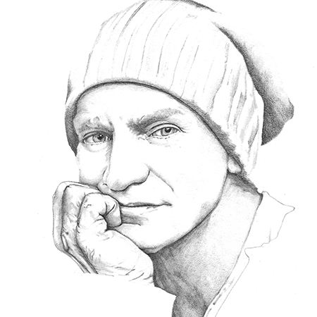 A black and white sketch of Sting wearing a beanie, resting their chin on their hand, with a thoughtful expression.