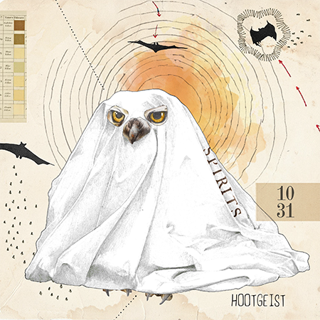 Illustration of an owl covered with a white sheet, with fierce eyes visible, surrounded by abstract elements like a sun, arrows, and a small black creature, with text reading "Spirits" and "Hootgeist."