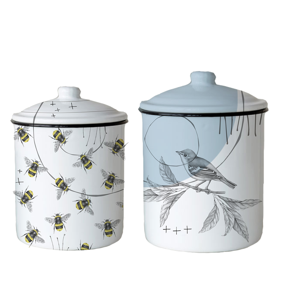 Two decorative containers featuring nature-inspired illustrations: one with bees and the other with a bird on a branch.
