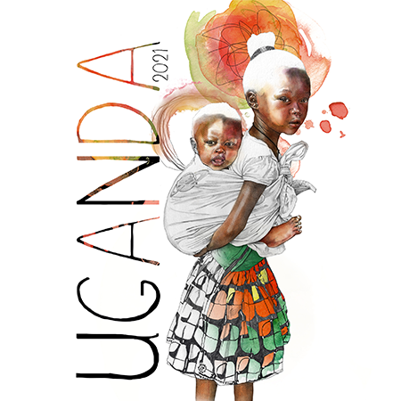 A young girl is carrying a smaller child on her back, with a colorful abstract background and the text 'Uganda 2021' written vertically.