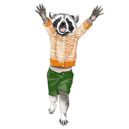 A raccoon dressed in an orange and white striped shirt and green pants, with arms raised and mouth open, standing on one foot.