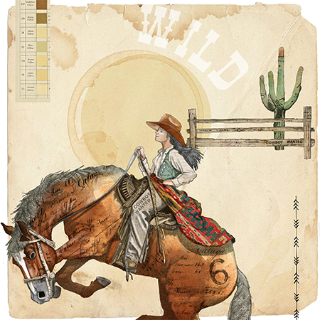 A cowboy riding a rearing horse, wearing a cowboy hat and a colorful blanket, with a cactus, a wooden fence, and various vintage-style graphic elements in the background.