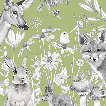 Illustration of woodland animals and plants on a green background including a deer, rabbit, squirrel, fox, bee, and mushrooms among flowers and foliage.