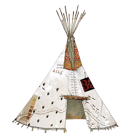 A decorative teepee for children, made of fabric with a map design, featuring a small platform at the entrance and a patterned top.