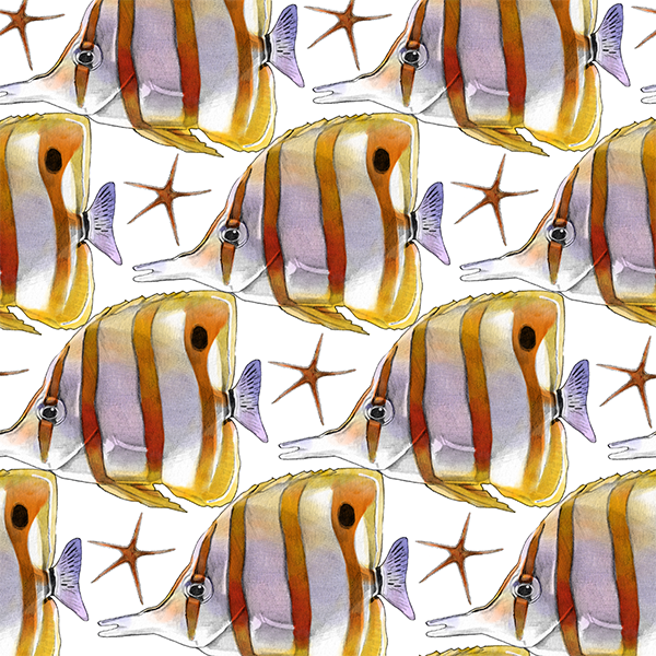 Repeating pattern of colorful fish and starfish, with the fish having orange, purple, and yellow stripes.