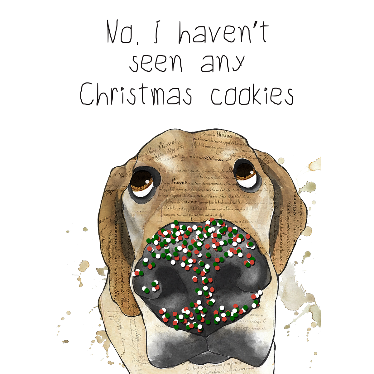 Illustration of a dog with Christmas sprinkles on its nose and a humorous text that says, "No, I haven't seen any Christmas cookies".