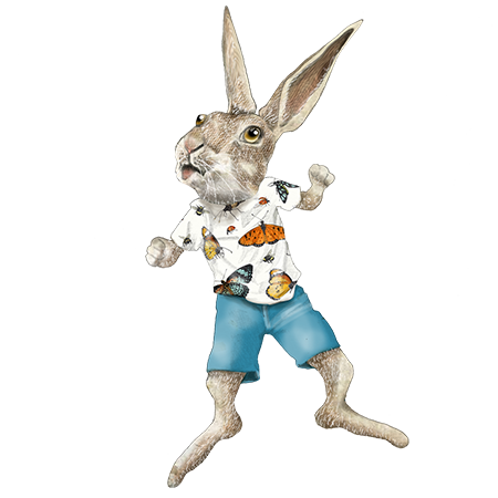 Anthropomorphic rabbit wearing a butterfly print shirt and blue shorts, posing with one arm raised.