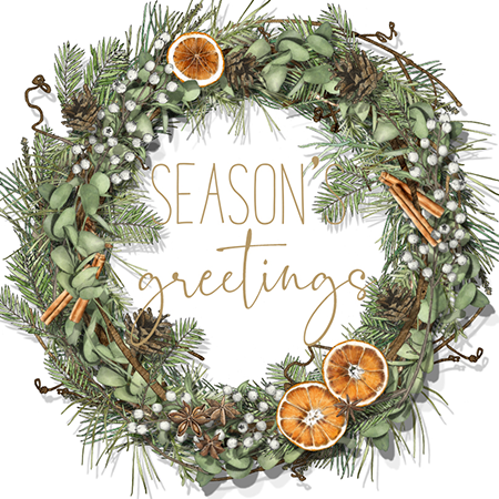 Holiday wreath with dried orange slices, pinecones, cinnamon sticks, and green foliage surrounding the text 'Season's Greetings' in the center.