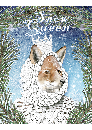 A fox wearing a snow queen crown and surrounded by snow and pine branches with the text 'Snow Queen' at the top.