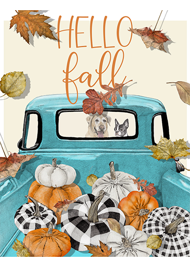 A light blue vintage truck with a bed full of decorated pumpkins and gourds in black and white checkered patterns. Two dogs are inside the truck's cab, visible through the windshield. The background features fall leaves, and the text "HELLO fall" is written at the top.