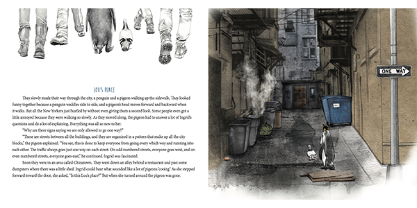 Urban alleyway scene with steam rising from grates, dumpsters, and a penguin walking down the alley.