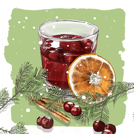 A glass of red cranberry drink with fresh cranberries, dried orange slice, cinnamon stick, and pine branches on a green background.