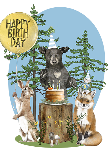 A birthday celebration with a bear cub, a fox and a rabbit in an outdoor forest setting, including a balloon reading 'HAPPY BIRTHDAY', a cake on a tree stump, and trees in the background.